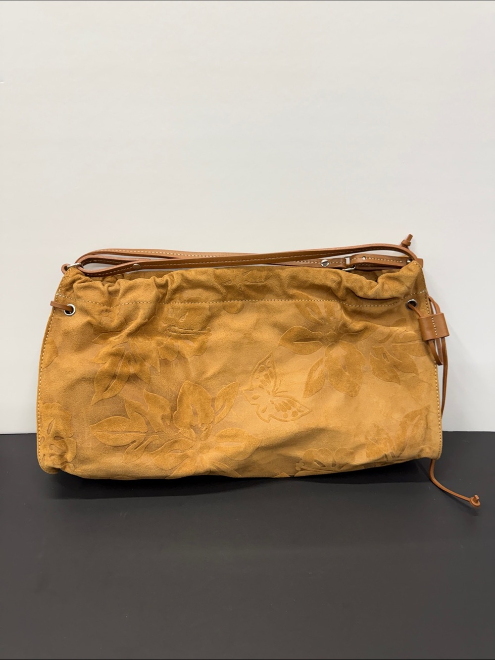 Nine West Camel Suede Floral-Embossed Shoulder Bag